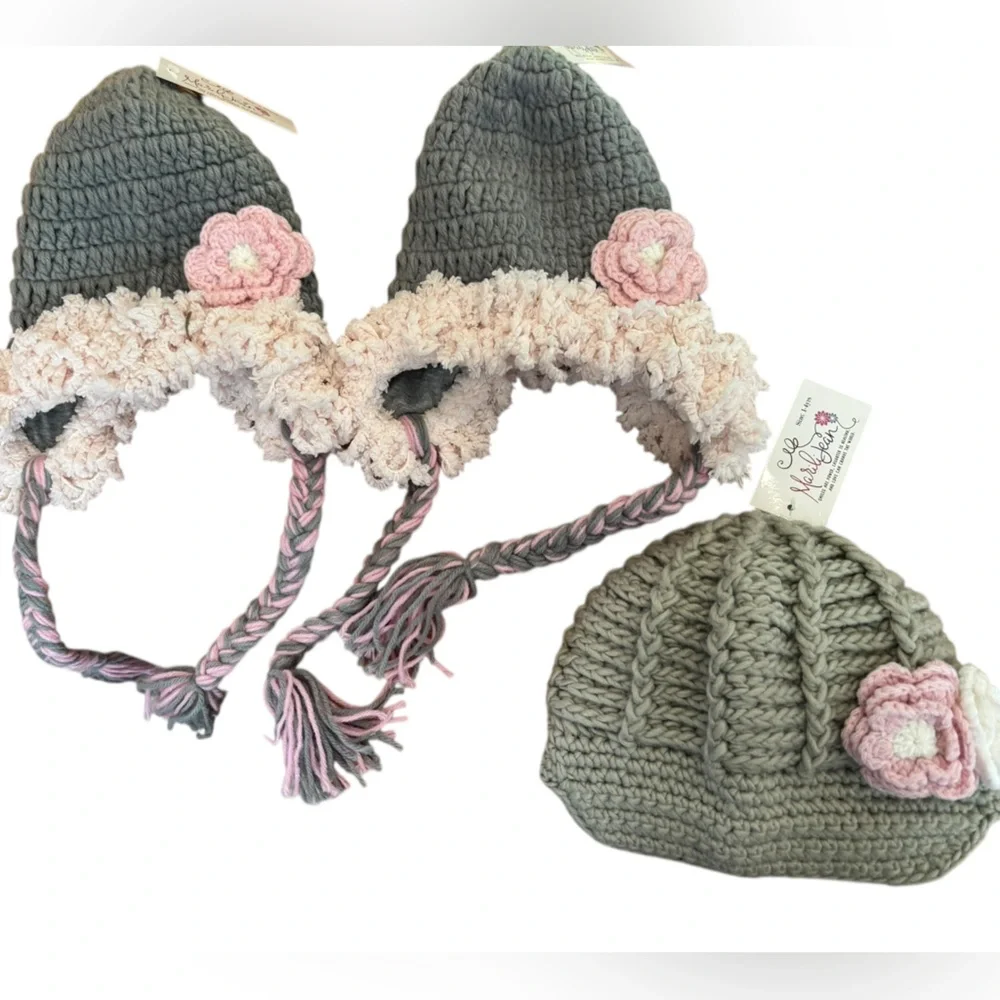 Bundle New Marili Jean Chunky Knit Floral Winter Hats Infant-Toddler